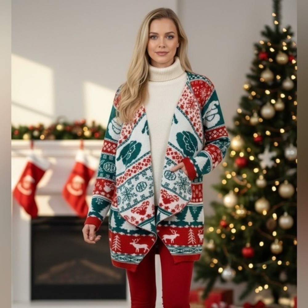NEW Christmas Holiday Fair Isle Santa Reindeer Cardigan Large Green‎ Red